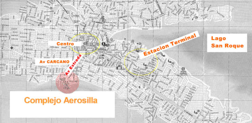 Mapa de Villa Carlos Paz, parcial. Haga "click" en los crculos o letras, para identificar el Complejo Aerosilla de Villa Carlos Paz